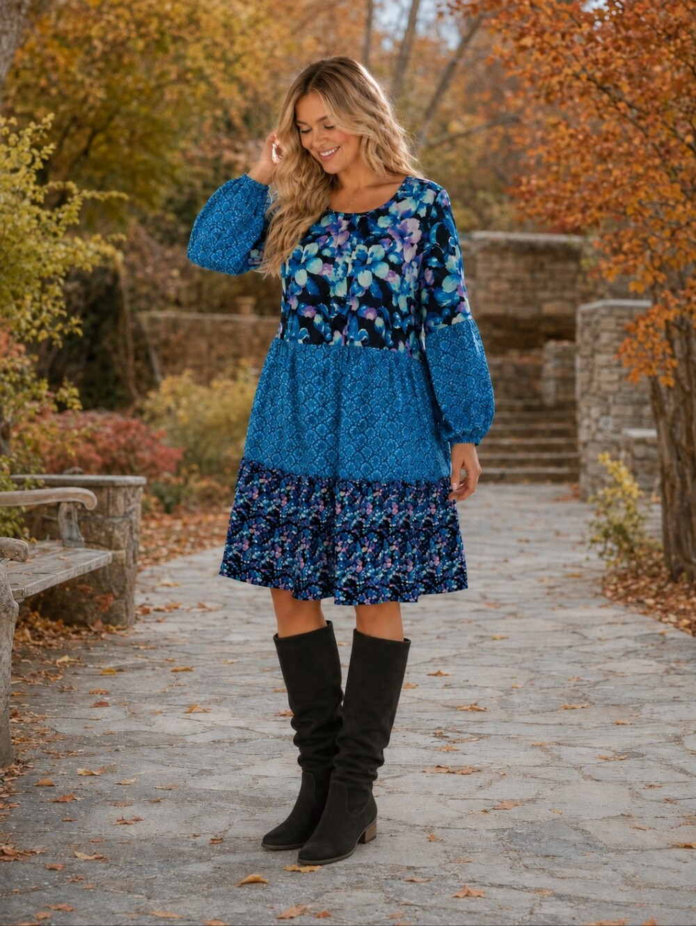 Soft Surroundings Romantic Coastal Boho Floral Long Sleeve Tiered Ruffle Dress